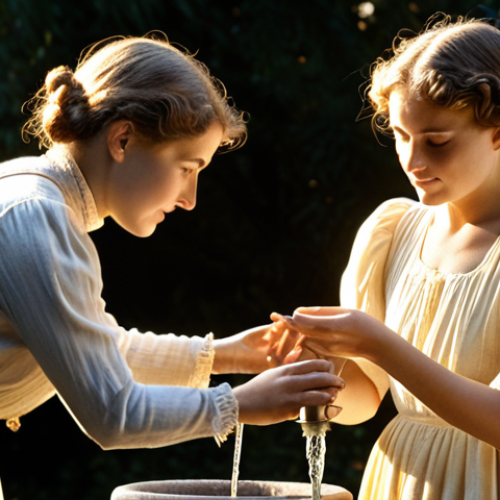 Home 19 **Anne Sullivan tenderly signing "water" into Helen Keller's hand at the water pump, capturing the breakthrough moment of understanding. Golden hour lighting, focus on their hands and expressions.**