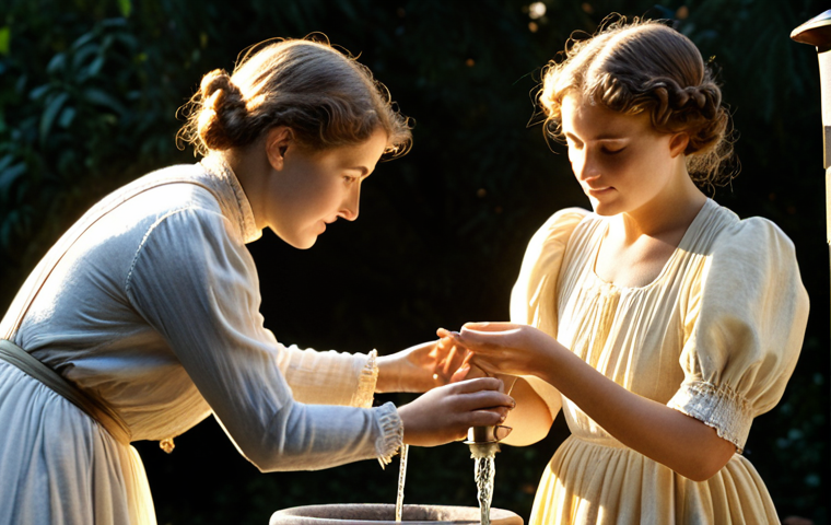 **Anne Sullivan tenderly signing "water" into Helen Keller's hand at the water pump, capturing the breakthrough moment of understanding. Golden hour lighting, focus on their hands and expressions.**