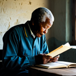 A dignified portrait of Nelson Mandela in a simple, modest prison uniform, seated at a rustic wooden table within a sparse, dimly lit cell on Robben Island. He is deeply focused, engrossed in reading a book or meticulously examining papers. The scene emphasizes his intellectual discipline, profound contemplation, and quiet resilience. Soft, natural light filters through a high, small window, casting a serene glow. The atmosphere is one of enduring strength and profound wisdom, showcasing his commitment to self-improvement during confinement. Professional photography, high detail, realistic, perfect anatomy, correct proportions, natural pose, well-formed hands, proper finger count, natural body proportions, fully clothed, appropriate attire, modest clothing, safe for work, appropriate content, family-friendly.
