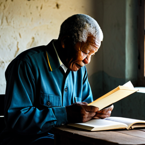 Home 18 A dignified portrait of Nelson Mandela in a simple, modest prison uniform, seated at a rustic wooden table within a sparse, dimly lit cell on Robben Island. He is deeply focused, engrossed in reading a book or meticulously examining papers. The scene emphasizes his intellectual discipline, profound contemplation, and quiet resilience. Soft, natural light filters through a high, small window, casting a serene glow. The atmosphere is one of enduring strength and profound wisdom, showcasing his commitment to self-improvement during confinement. Professional photography, high detail, realistic, perfect anatomy, correct proportions, natural pose, well-formed hands, proper finger count, natural body proportions, fully clothed, appropriate attire, modest clothing, safe for work, appropriate content, family-friendly.