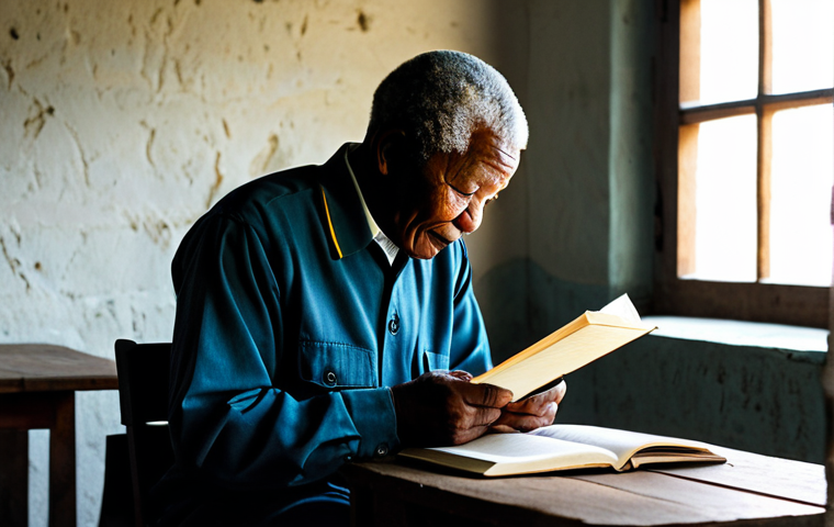 A dignified portrait of Nelson Mandela in a simple, modest prison uniform, seated at a rustic wooden table within a sparse, dimly lit cell on Robben Island. He is deeply focused, engrossed in reading a book or meticulously examining papers. The scene emphasizes his intellectual discipline, profound contemplation, and quiet resilience. Soft, natural light filters through a high, small window, casting a serene glow. The atmosphere is one of enduring strength and profound wisdom, showcasing his commitment to self-improvement during confinement. Professional photography, high detail, realistic, perfect anatomy, correct proportions, natural pose, well-formed hands, proper finger count, natural body proportions, fully clothed, appropriate attire, modest clothing, safe for work, appropriate content, family-friendly.