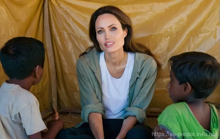 안젤리나 졸리 사회적 영향 - **Prompt: Compassion in the Camp**
    "A heartwarming, mid-shot image of Angelina Jolie, dressed in...
