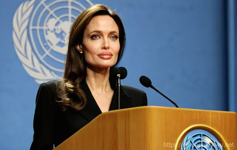 안젤리나 졸리 사회적 영향 - **Prompt: Compassion in the Camp**
    "A heartwarming, mid-shot image of Angelina Jolie, dressed in...