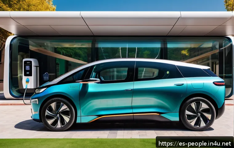 엘론 머스크 테슬라 전기차 - A sleek, futuristic electric vehicle charging at a solar-powered public charging station in a vibran...