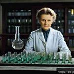 Home 19 마리 퀴리 학문적 업적 - A detailed portrait of Marie Curie in a vintage early 20th-century laboratory setting, surrounded by...