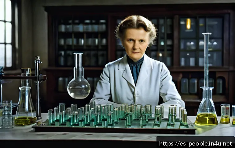 마리 퀴리 학문적 업적 - A detailed portrait of Marie Curie in a vintage early 20th-century laboratory setting, surrounded by...