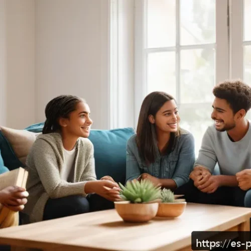 Home 30 오프라 윈프리 인생 철학 - A serene and warm scene of a diverse group of adults and teenagers sitting in a cozy living room, en...