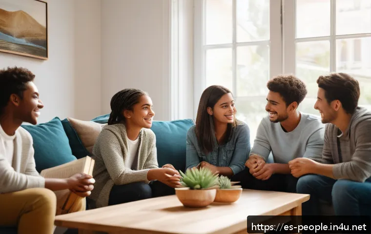 오프라 윈프리 인생 철학 - A serene and warm scene of a diverse group of adults and teenagers sitting in a cozy living room, en...