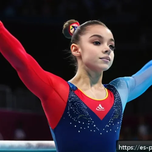 Home 17 나디아 콤네치 운동 경력 - A young female gymnast performing a flawless uneven bars routine in an Olympic arena, wearing a slee...