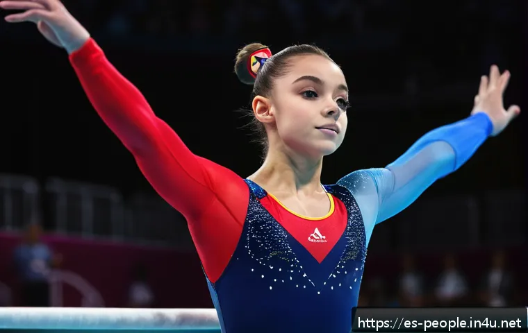 나디아 콤네치 운동 경력 - A young female gymnast performing a flawless uneven bars routine in an Olympic arena, wearing a slee...
