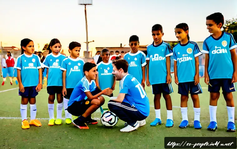 리오넬 메시 사회적 활동 - Photorealistic Lionel Messi volunteering at a Buenos Aires community youth football clinic, warmly k...