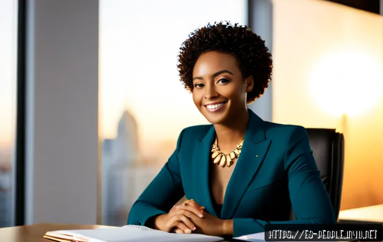 오프라 윈프리 성공 비결 - Photorealistic portrait of a confident Black female media executive in an elegant modern studio offi...